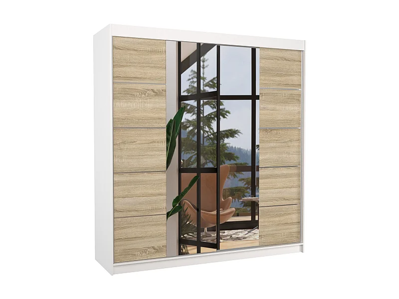 Armoire chambre adulte 2 portes coulissantes bois blanc et naturel avec miroir Dalia 200cm