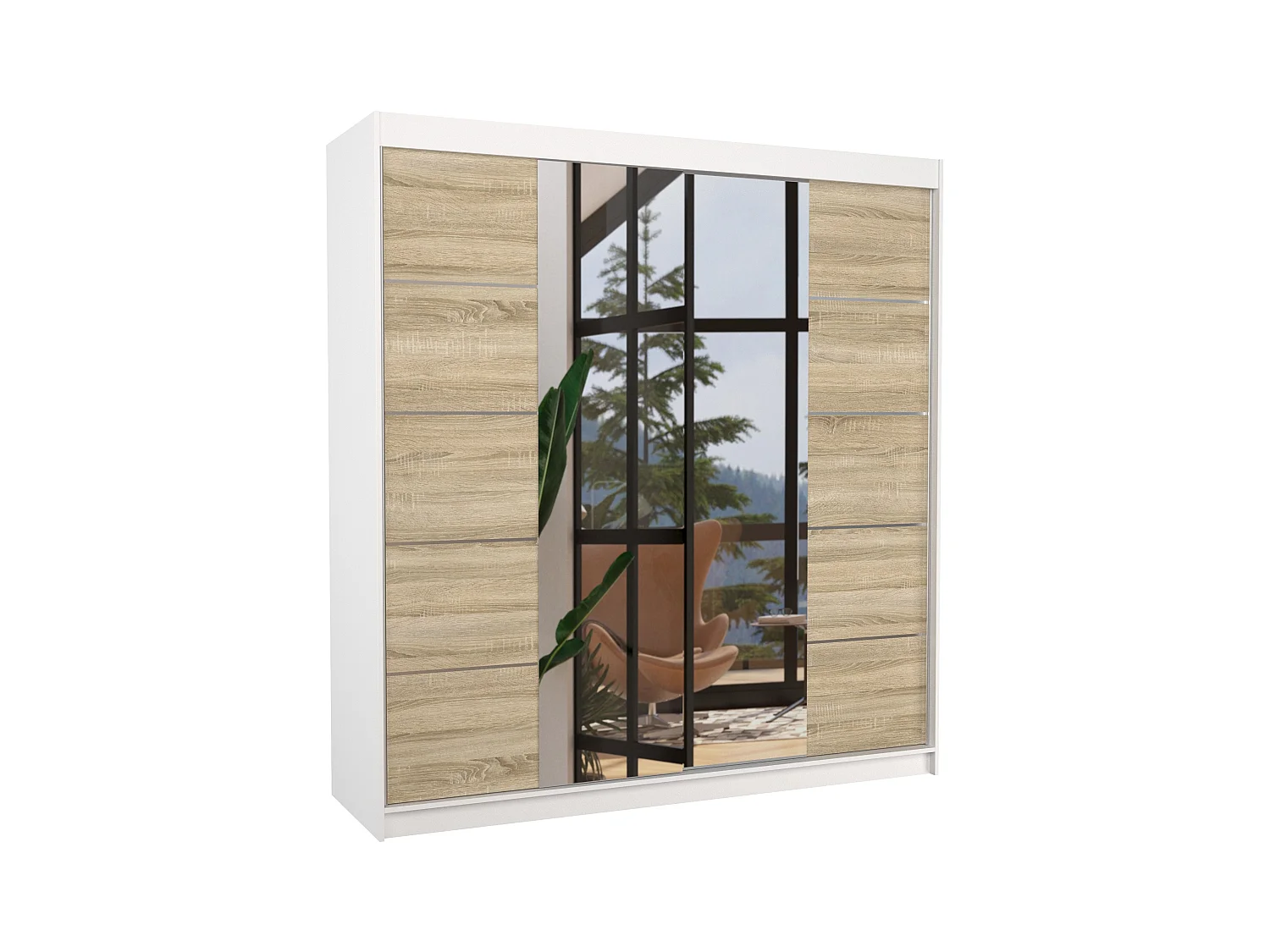 Armoire chambre adulte 2 portes coulissantes bois blanc et naturel avec miroir Dalia 200cm