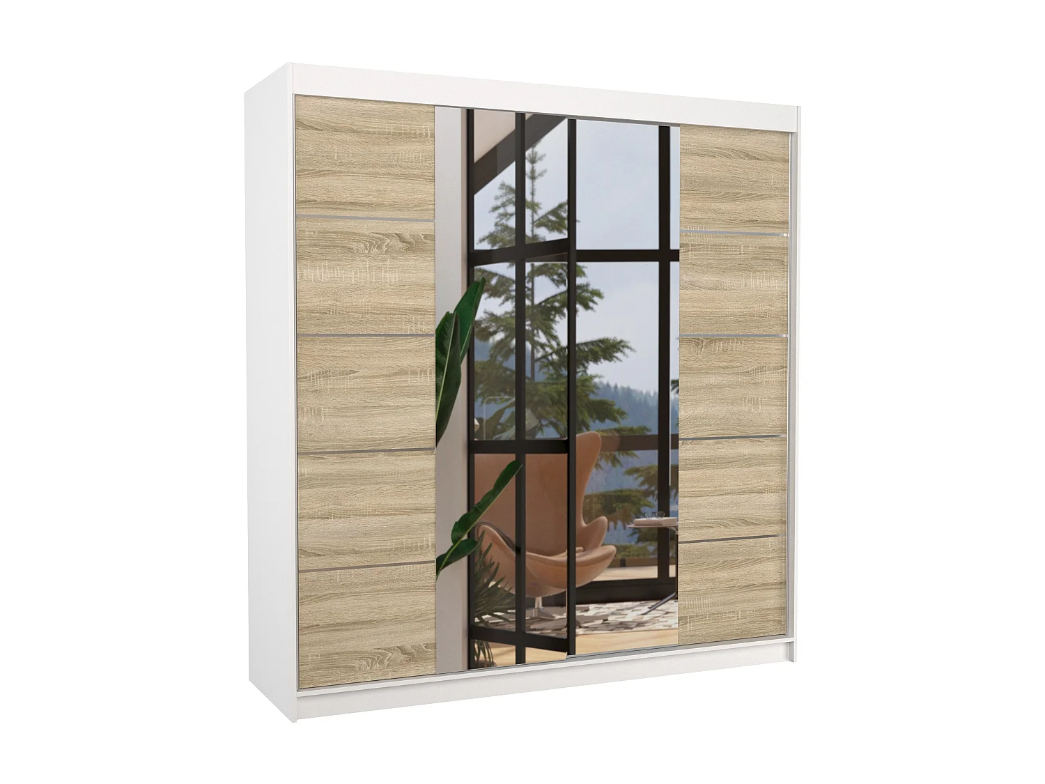 Armoire chambre adulte 2 portes coulissantes bois blanc et naturel avec miroir Dalia 200cm