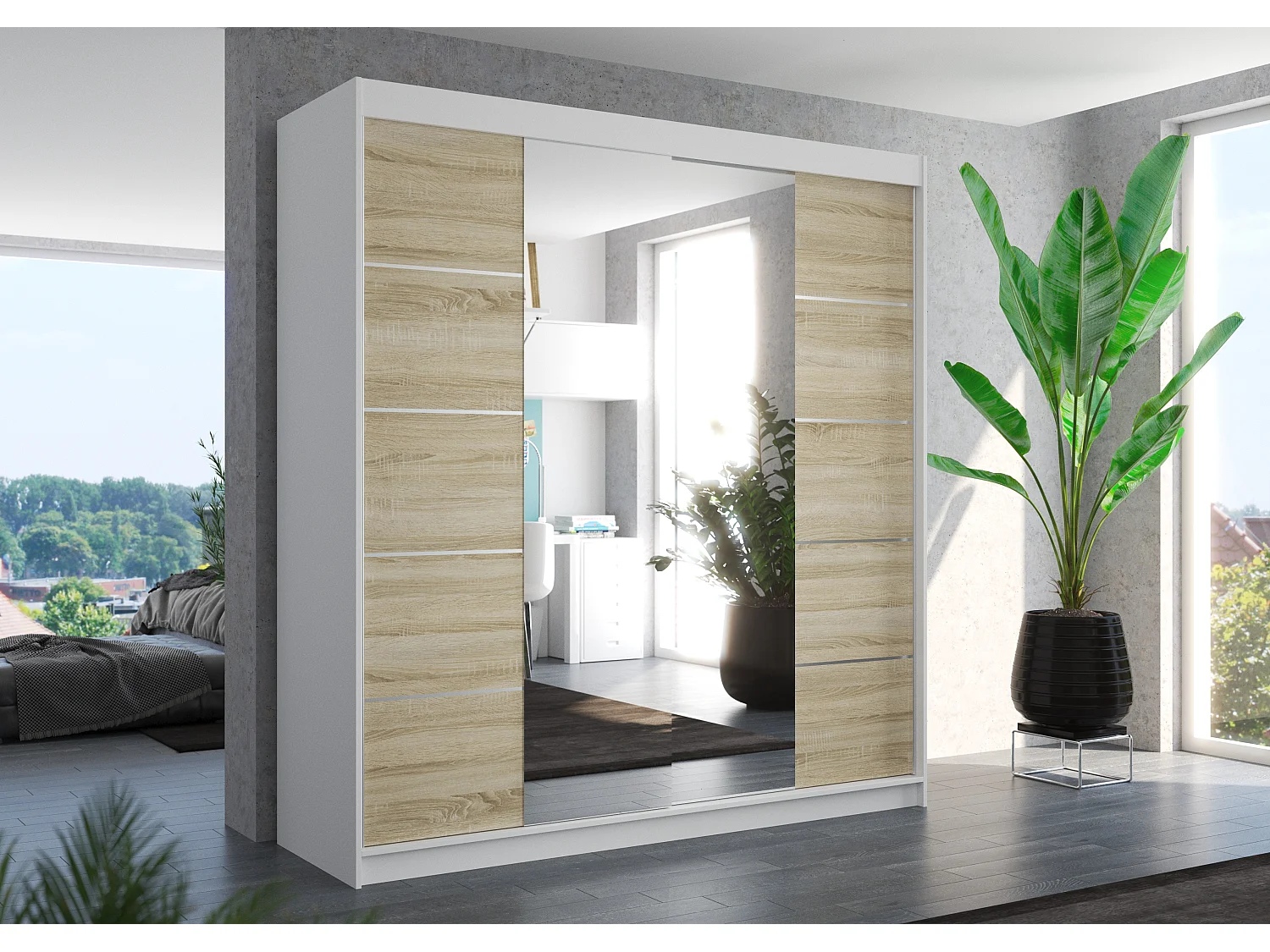 Armoire chambre adulte 2 portes coulissantes bois blanc et naturel avec miroir Dalia 200cm