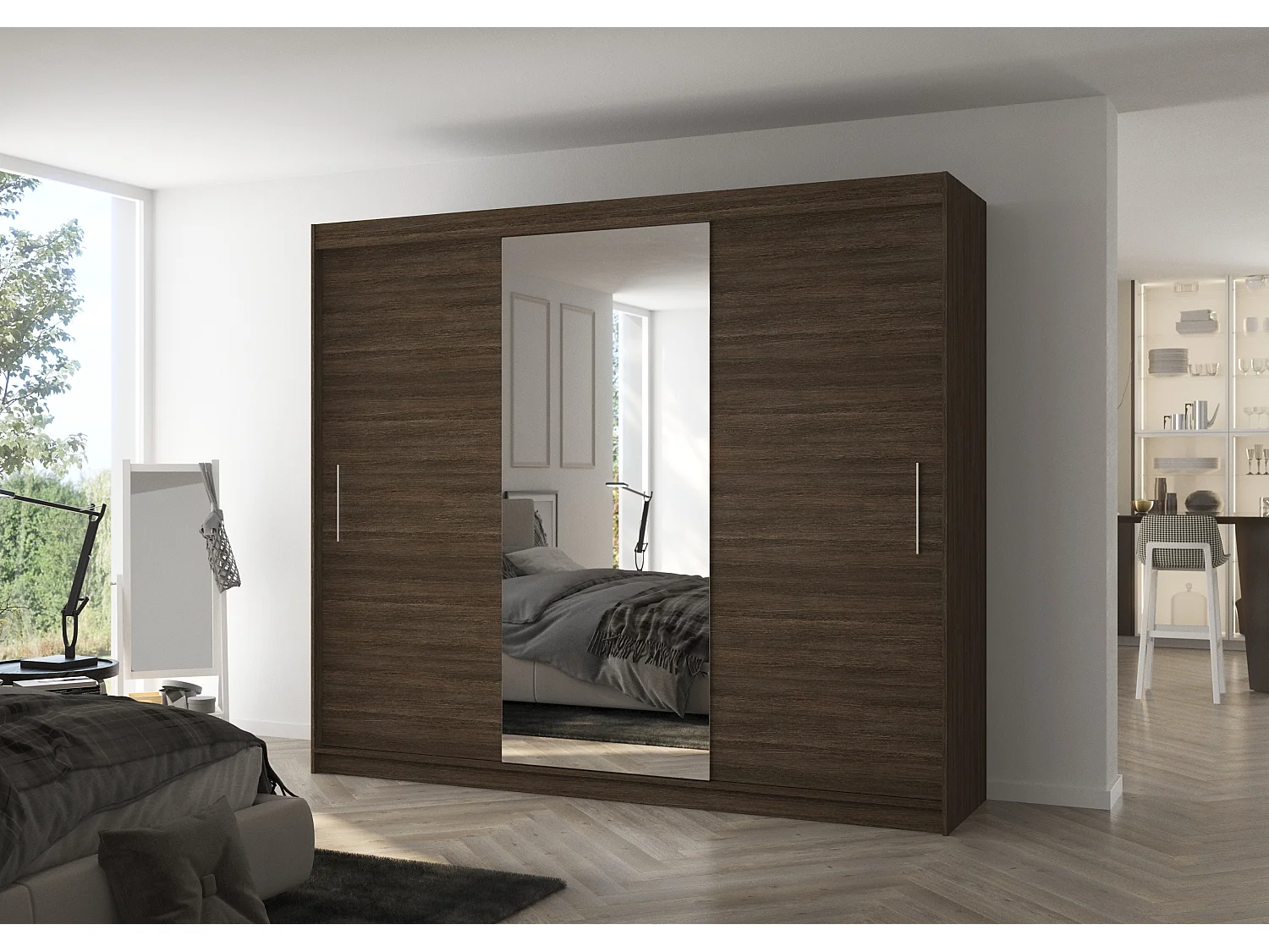 Grande armoire de chambre à coucher 3 portes coulissantes marron et miroir Dany 250cm