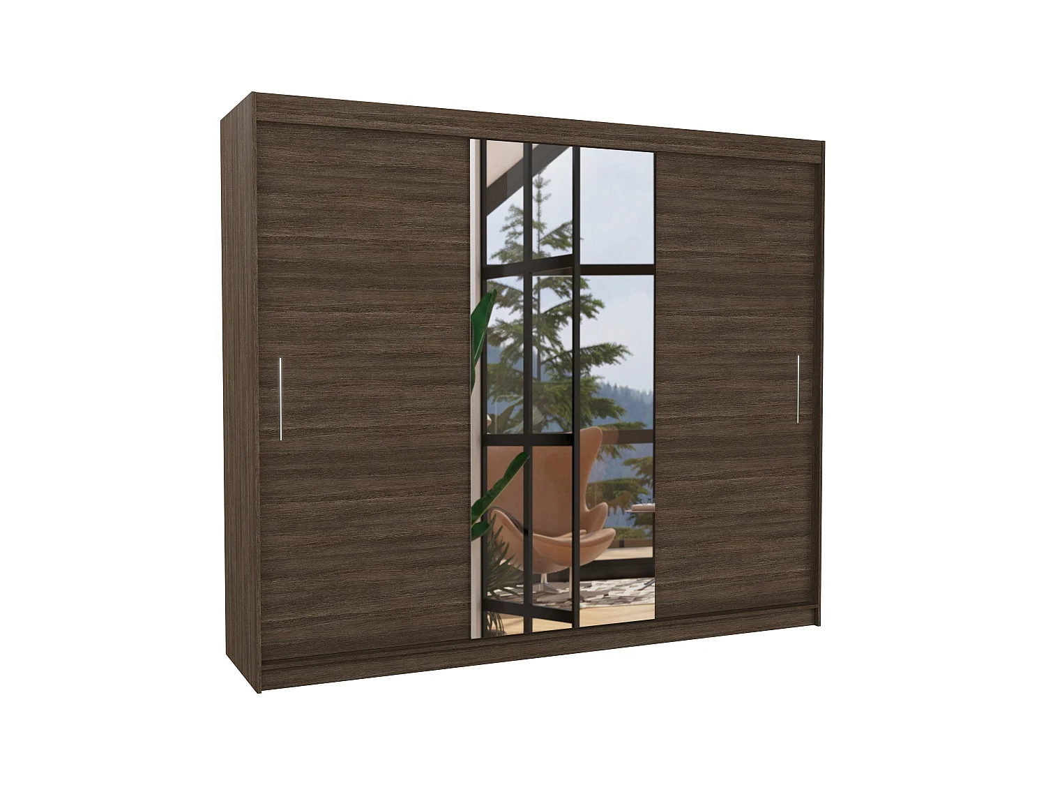 Grande armoire de chambre à coucher 3 portes coulissantes marron et miroir Dany 250cm