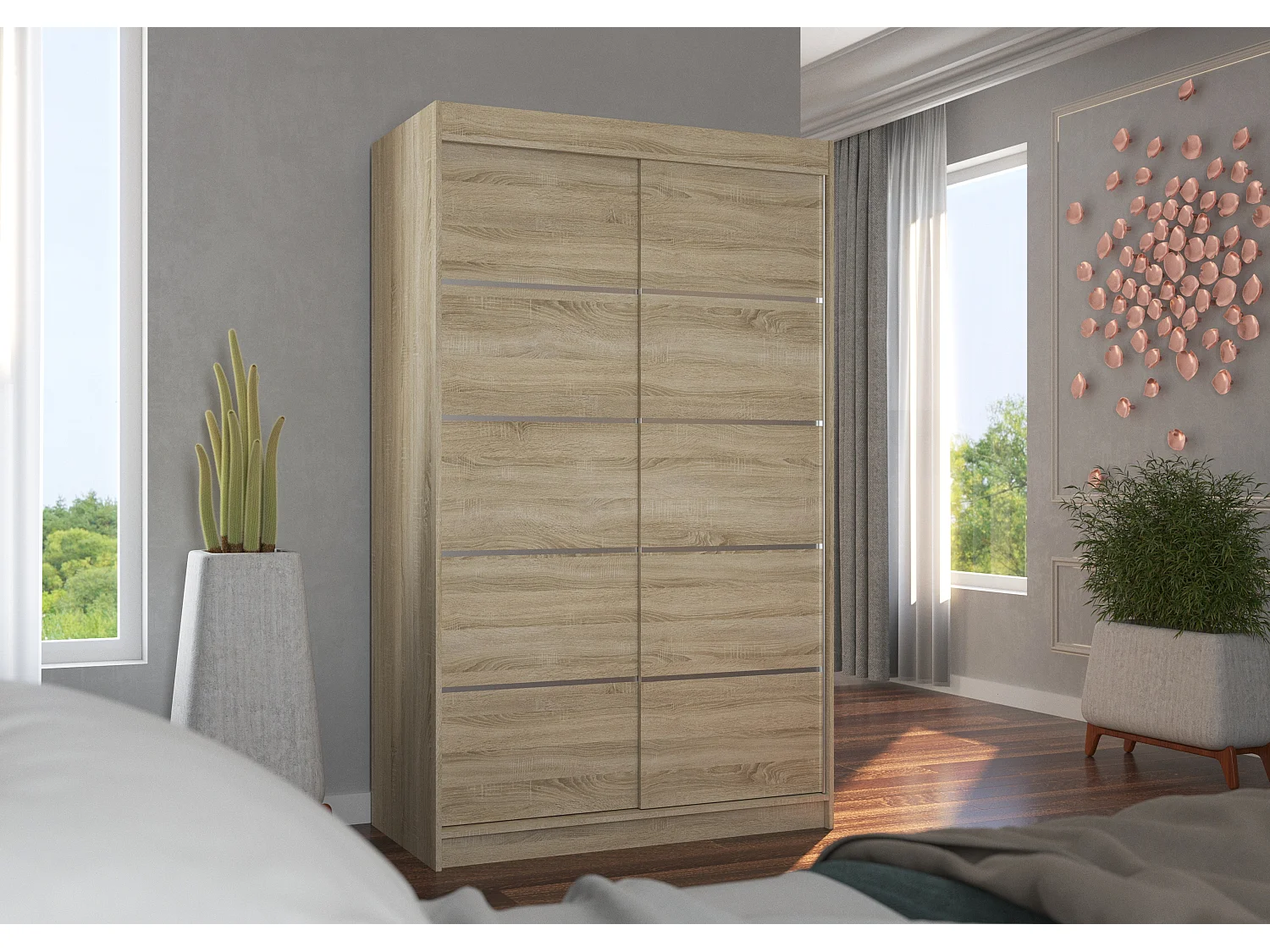 Petite armoire de chambre bois clair avec 2 portes coulissantes Benko 120cm