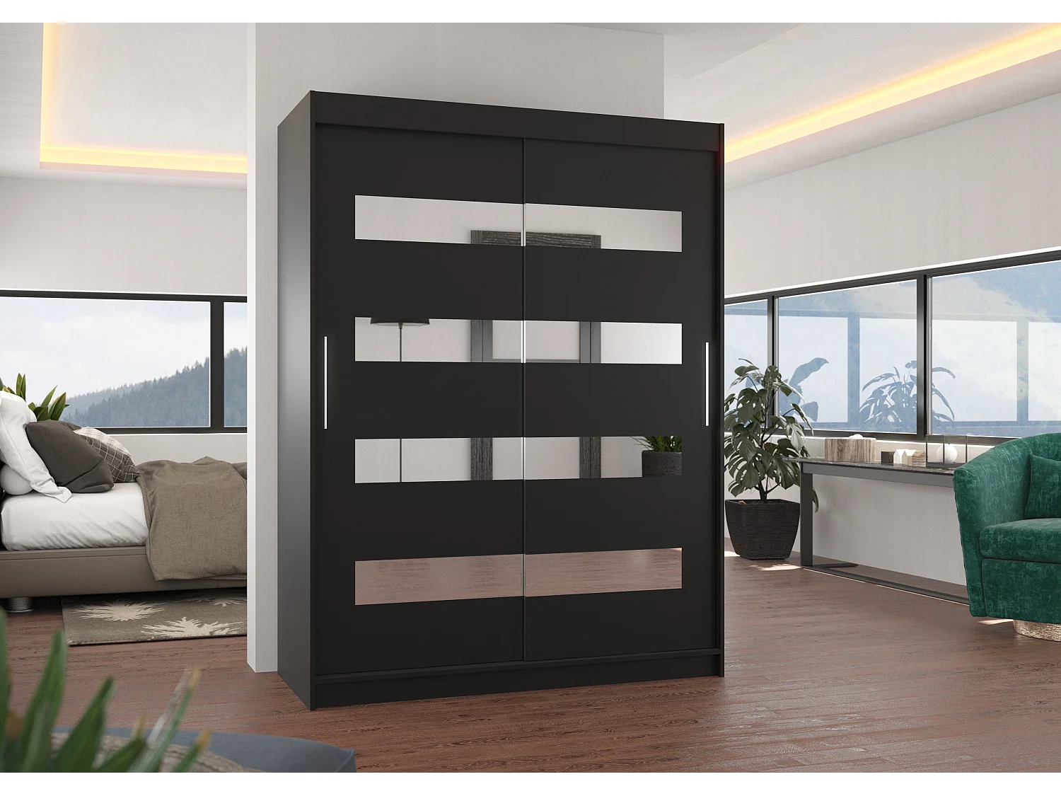 Armoire de chambre noir 2 portes coulissantes noir et miroirs horizontaux Bozika 150cm