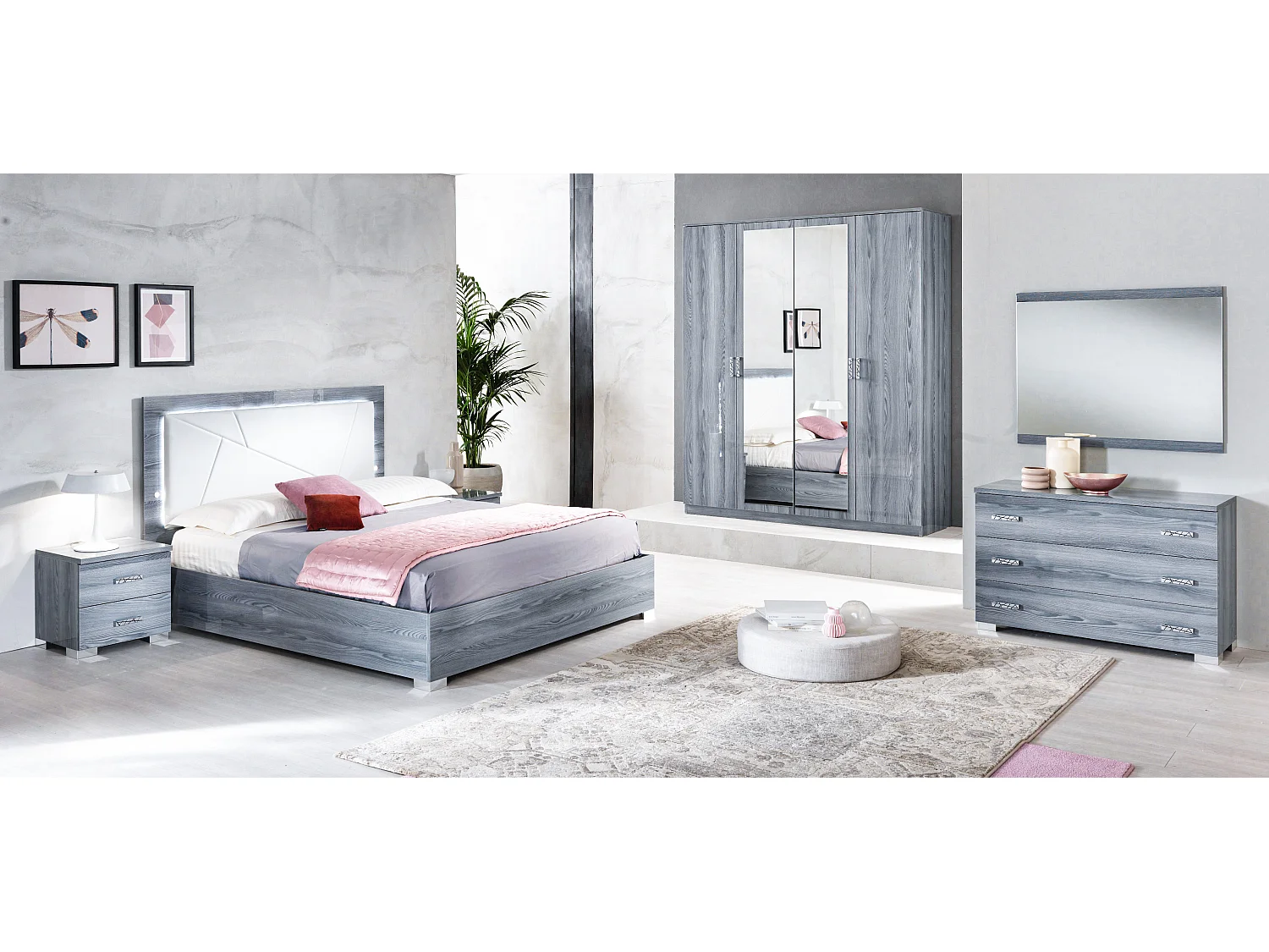 Armoire de chambre 4 portes battantes bois chêne grisé Nikoza 116cm