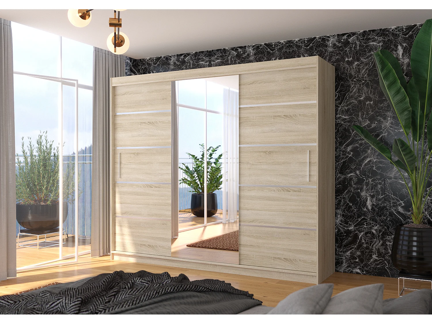 Grande armoire de chambre à coucher 3 portes coulissantes naturel et alu avec miroir Cindy 250cm