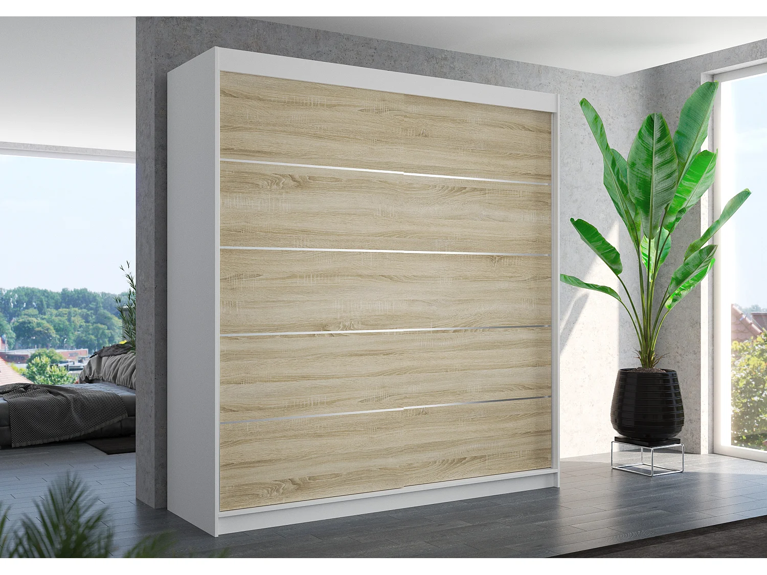 Armoire chambre adulte VONA 200cm – Design contemporain-Blanc/Naturel