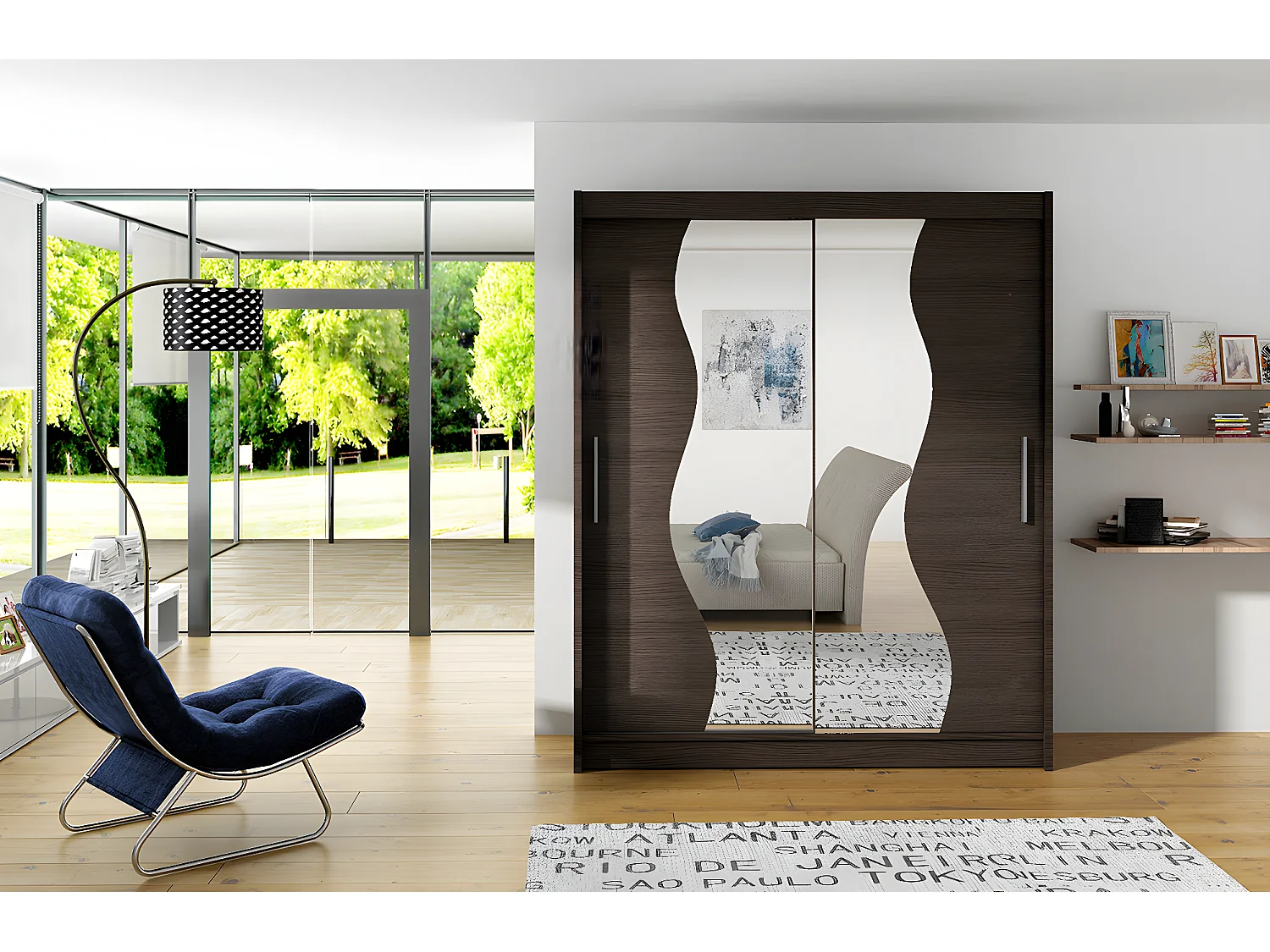 Armoire de chambre marron 2 portes coulissantes avec miroir Renka 150cm