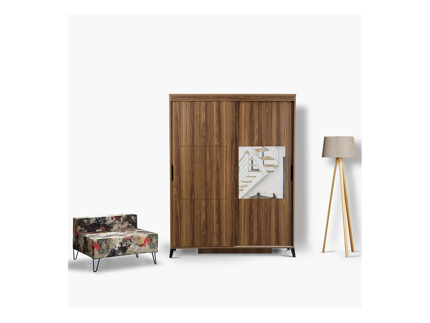 Armoire 2 portes coulissantes avec miroir Olgin L130xH216cm Bois foncé
