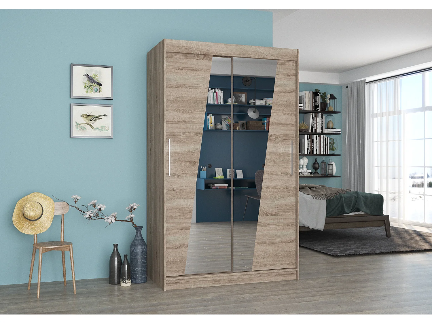 Petite armoire de chambre 2 portes coulissantes bois truffe et miroirs en diagonale Texano 120cm