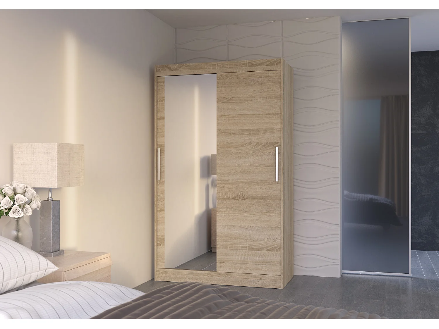 Petite armoire de chambre 2 portes coulissantes 1 bois clair 1 miroir Roba 120cm