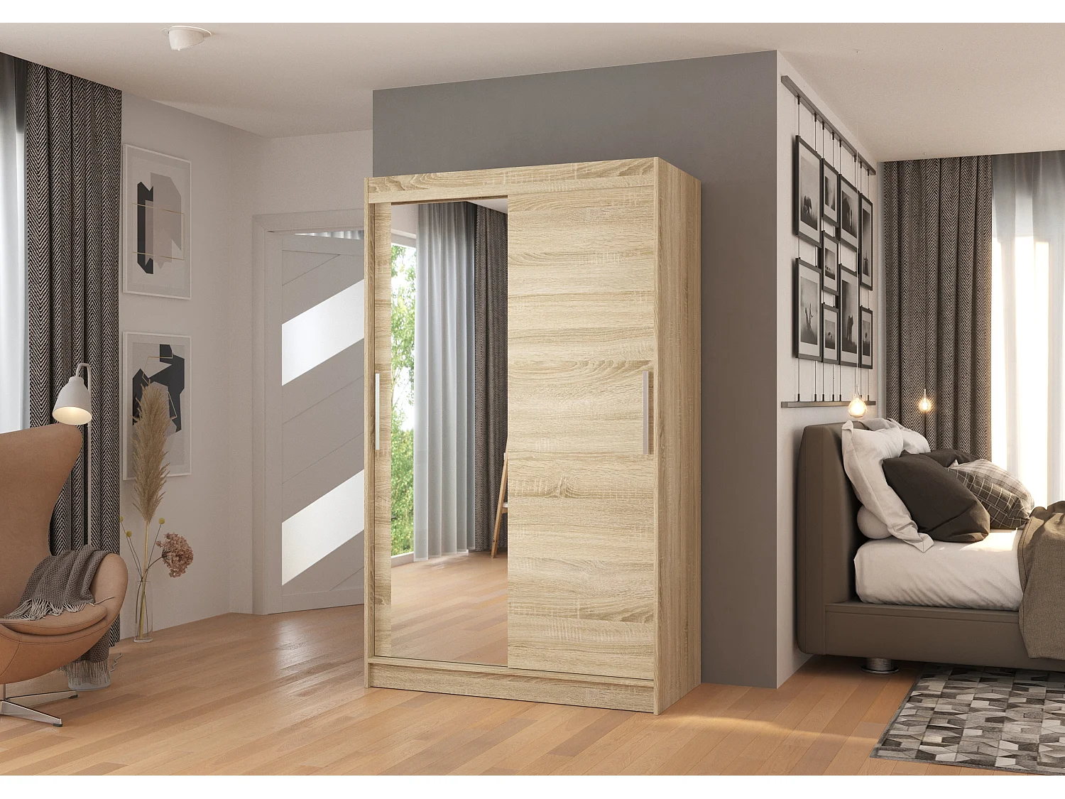 Petite armoire de chambre 2 portes coulissantes 1 bois clair 1 miroir Roba 120cm