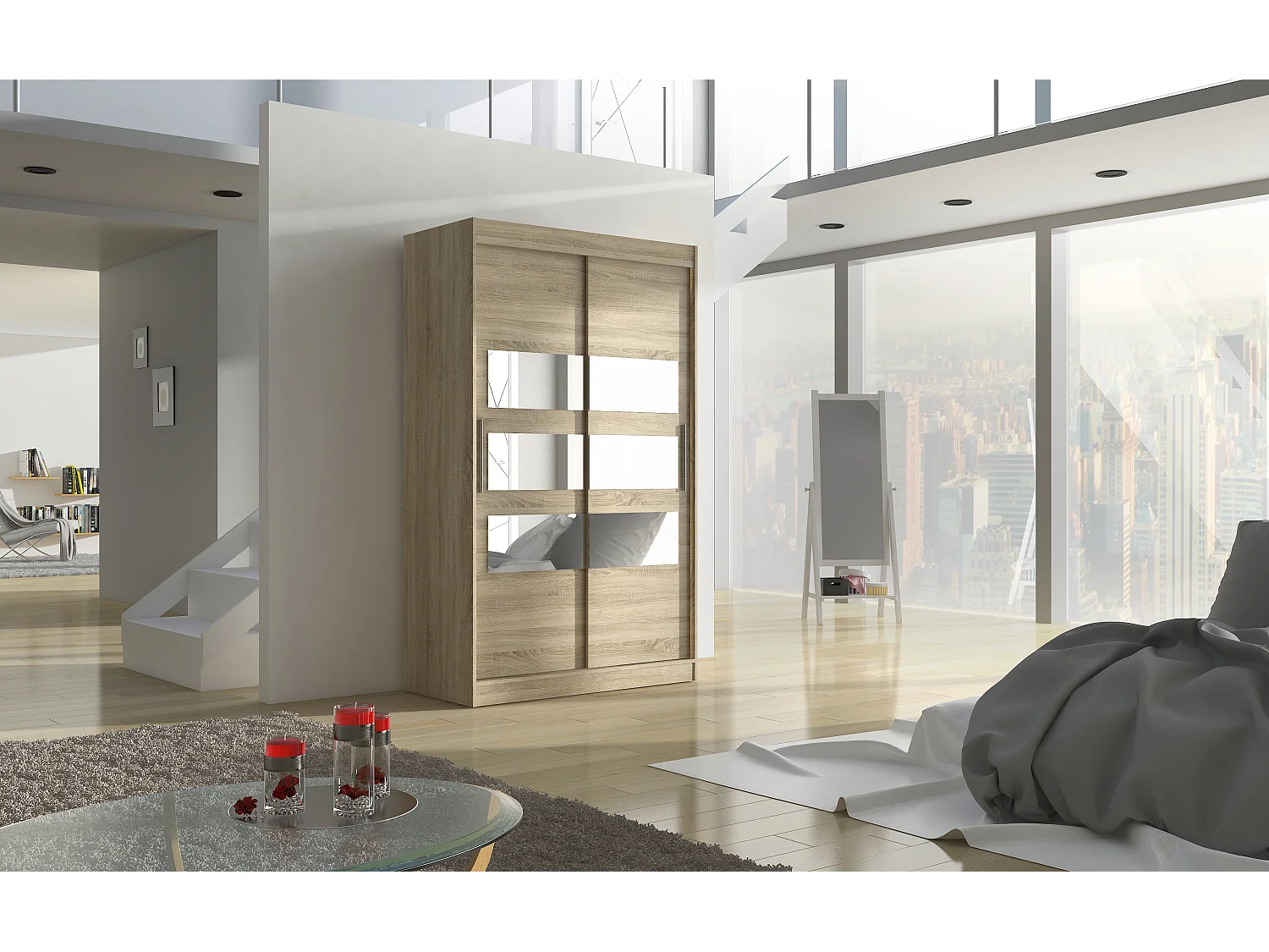 Petite armoire de chambre à coucher 2 portes coulissantes naturel avec 6 miroir Kolida 120cm