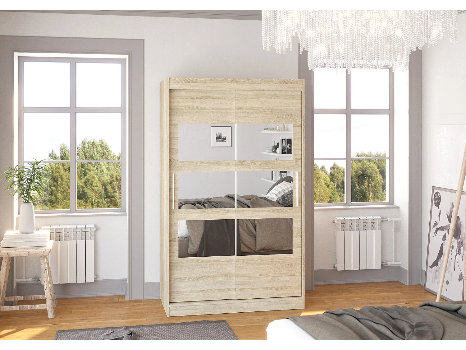 Petite armoire de chambre à coucher 2 portes coulissantes naturel avec 6 miroir Kolida 120cm