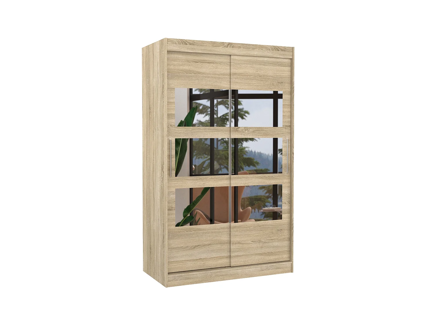Petite armoire de chambre à coucher 2 portes coulissantes naturel avec 6 miroir Kolida 120cm