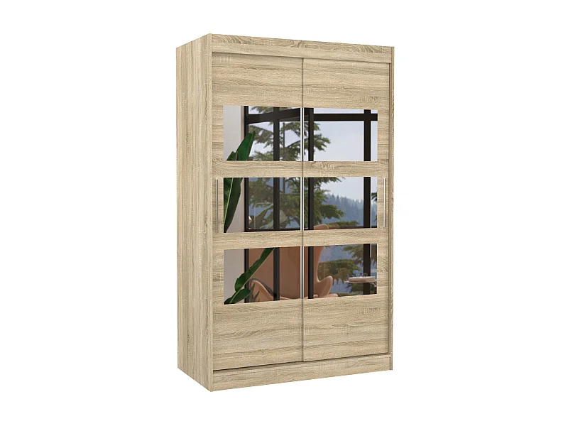 Petite armoire de chambre à coucher 2 portes coulissantes naturel avec 6 miroir Kolida 120cm