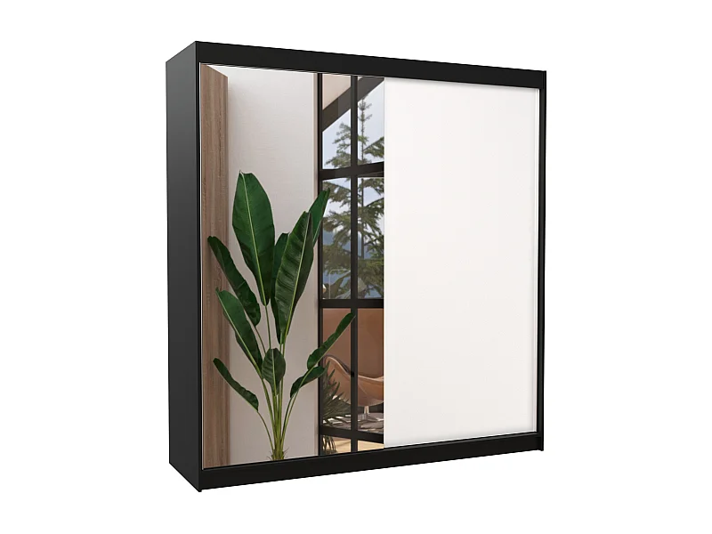 Armoire moderne noir avec 2 portes coulissantes 1 blanche 1 miroir Davia 200cm
