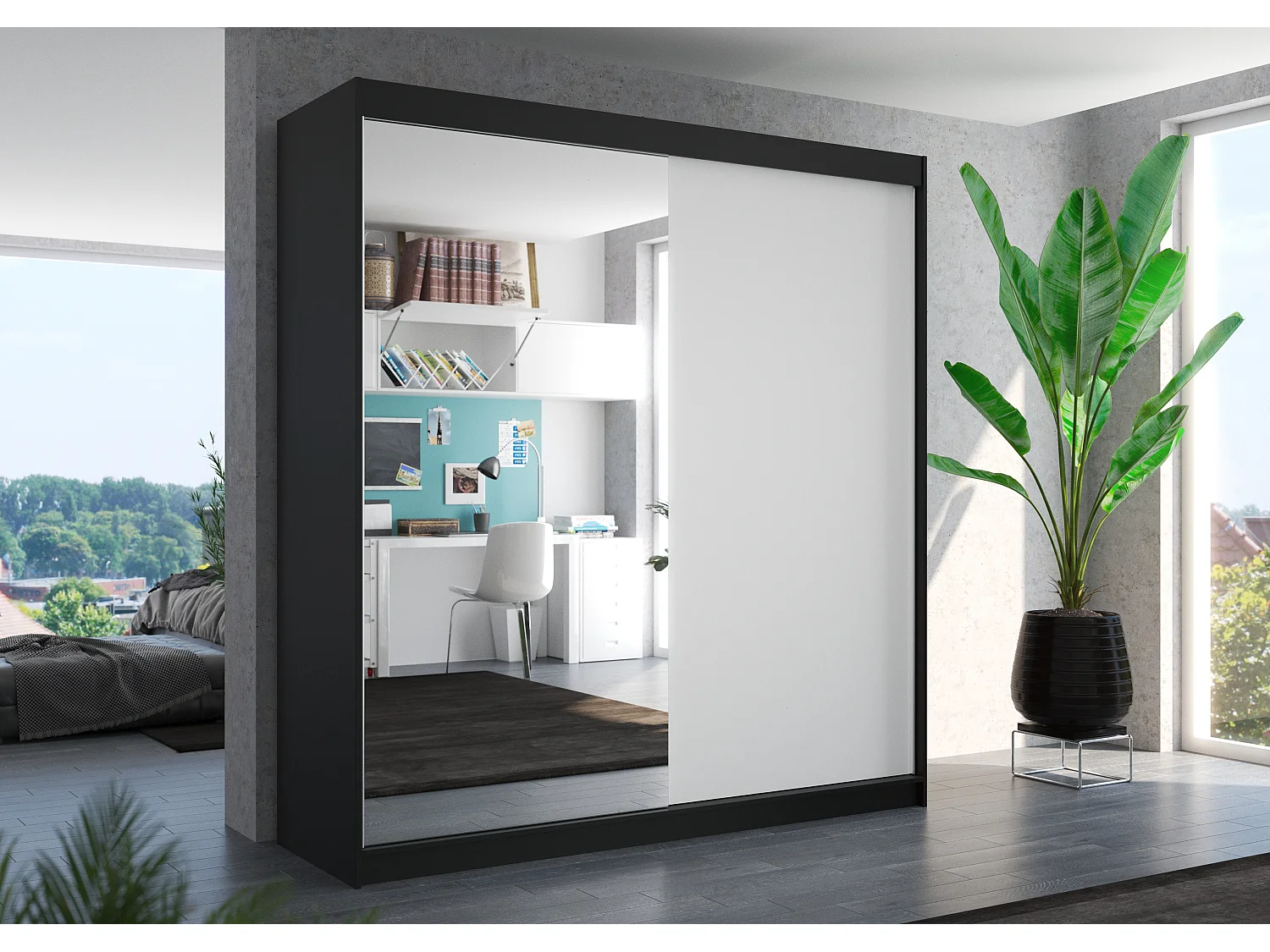 Armoire moderne noir avec 2 portes coulissantes 1 blanche 1 miroir Davia 200cm