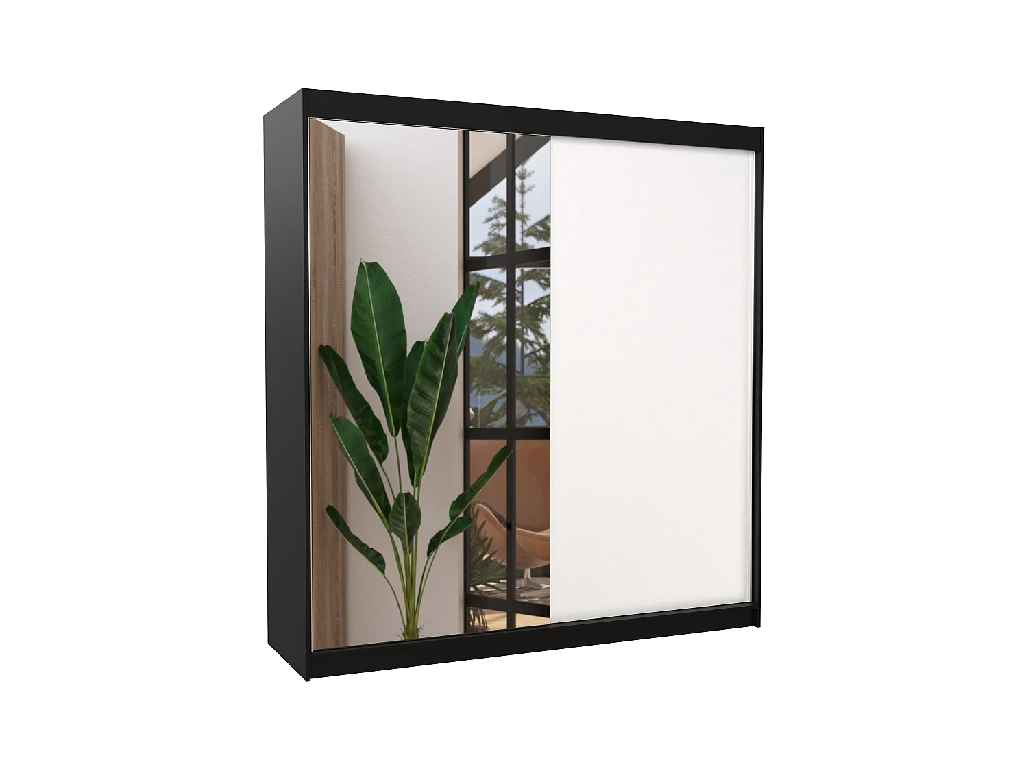 Moderne zwarte kledingkast met 2 schuifdeuren 1 wit 1 spiegel Davia 200 cm