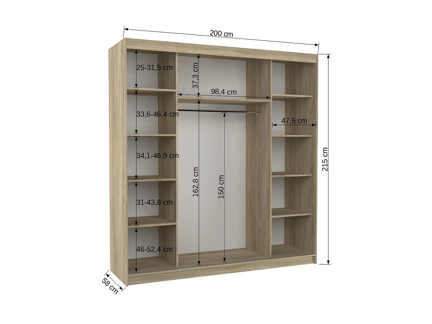 Armoire chambre adulte 2 portes coulissantes bois noir et bois artisan avec miroir Baker 200cm