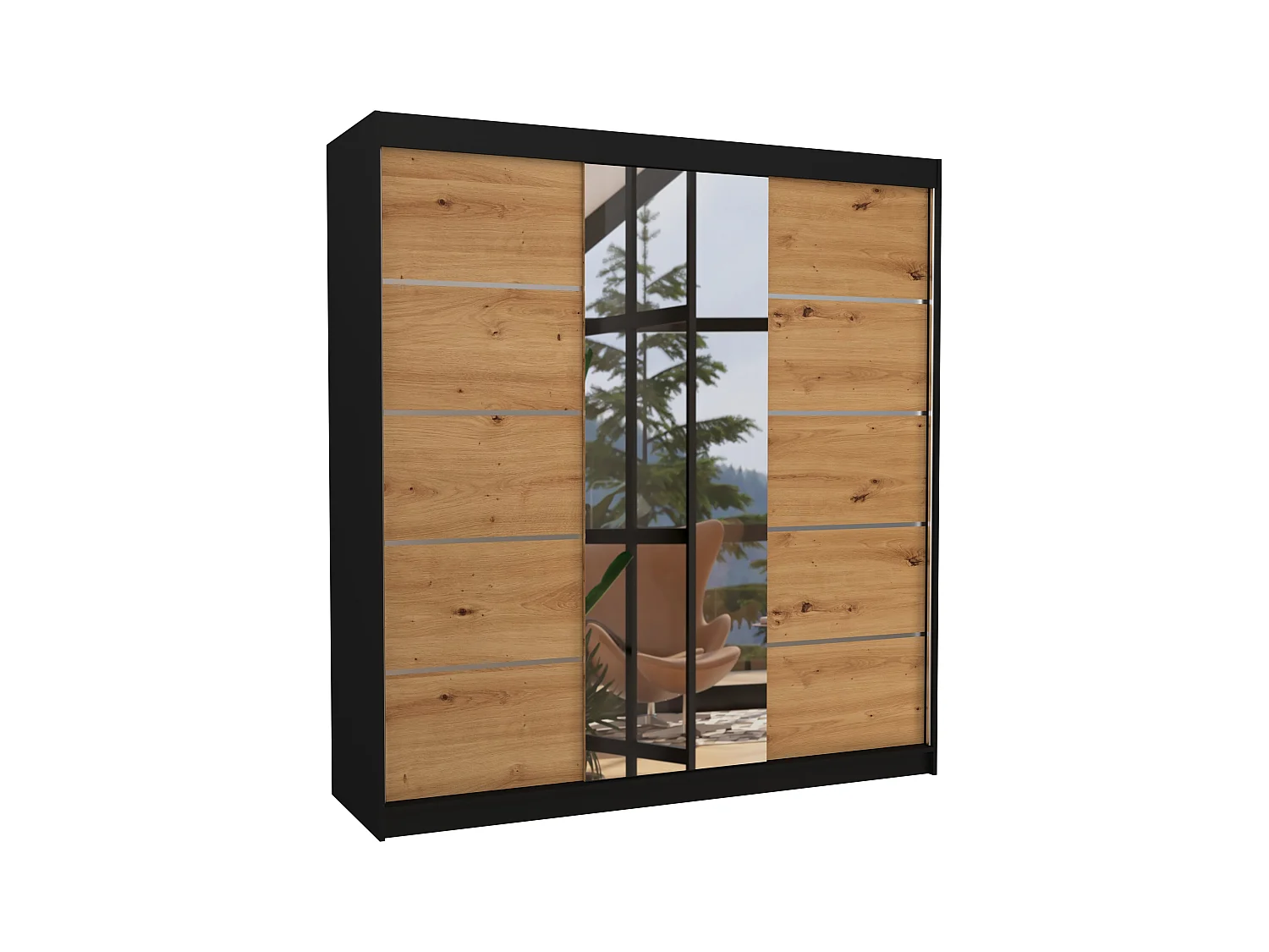 Kledingkast voor volwassenen, 2 schuifdeuren in zwart hout en ambachtelijk hout met Baker-spiegel 200 cm
