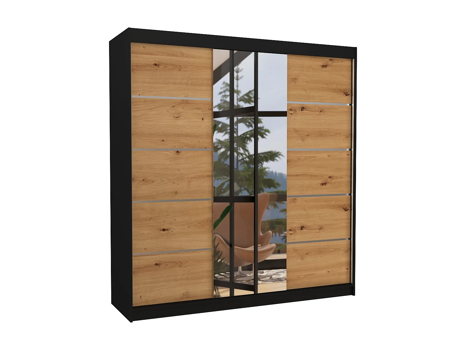 Armoire chambre adulte 2 portes coulissantes bois noir et bois artisan avec miroir Baker 200cm