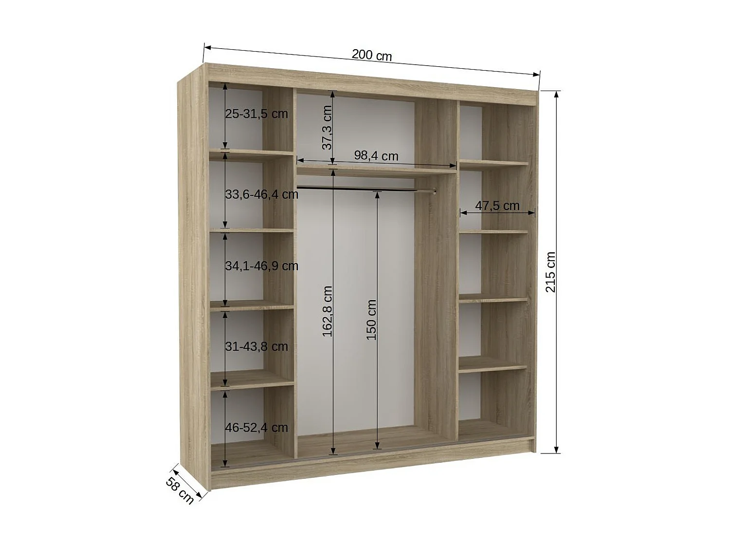 Armoire chambre adulte 2 portes coulissantes BAKER 200cm avec miroir-Noir/Bois artisan
