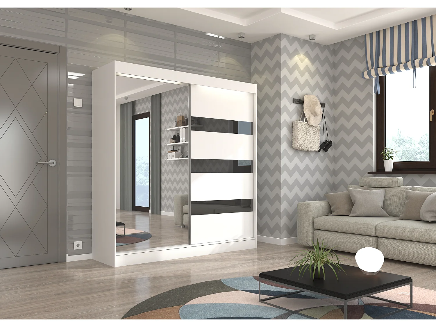 Armoire de chambre 1 porte blanche et grise laquée 1 porte miroir Voka - 3 tailles-Largeur 150 cm