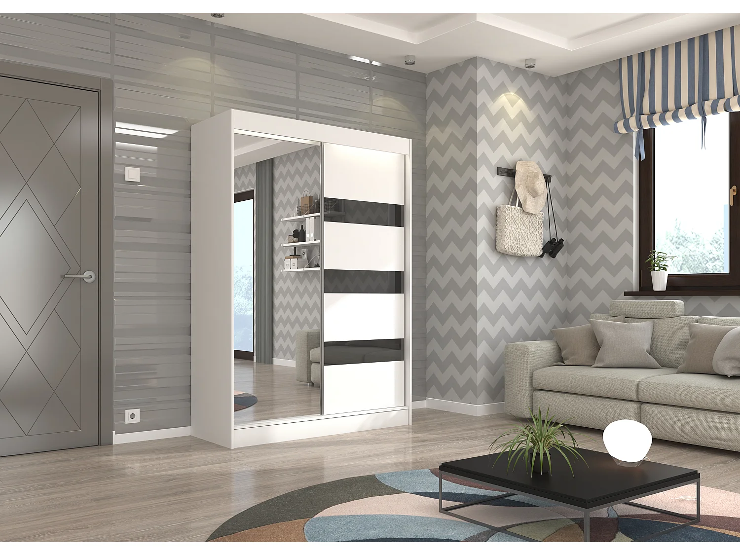 Armoire de chambre 1 porte blanche et grise laquée 1 porte miroir Voka - 3 tailles-Largeur 150 cm