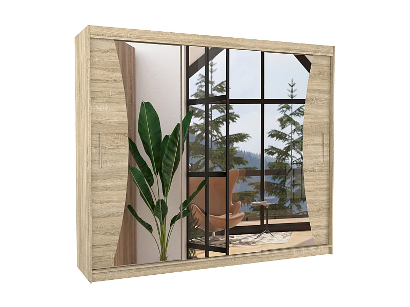 Grande armoire de chambre à coucher 3 portes coulissantes bois clair et miroir Douko 250cm