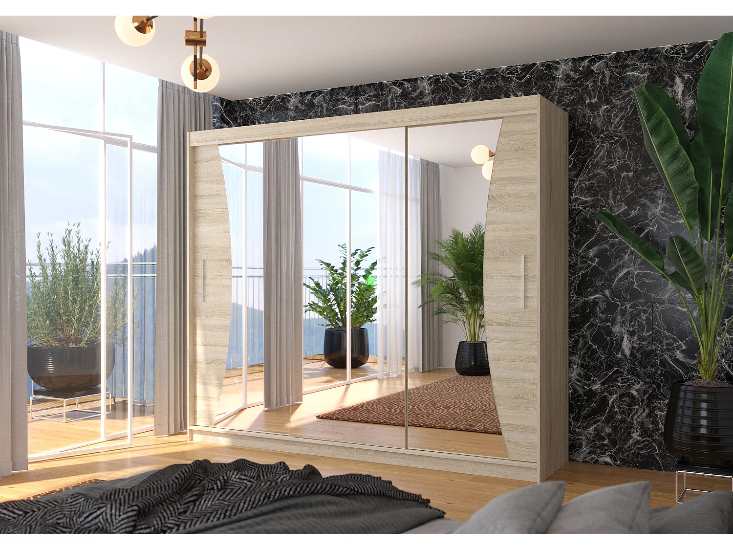 Grande armoire de chambre à coucher 3 portes coulissantes bois clair et miroir Douko 250cm