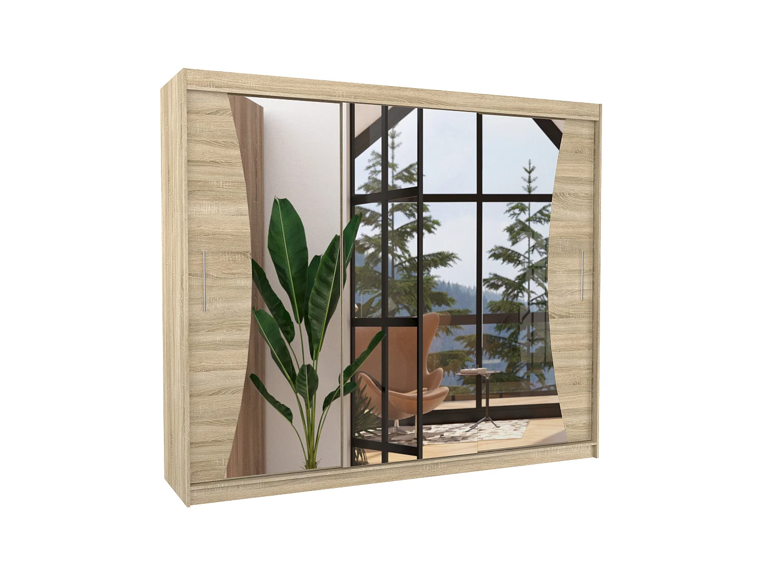 Grande armoire de chambre à coucher 3 portes coulissantes bois clair et miroir Douko 250cm