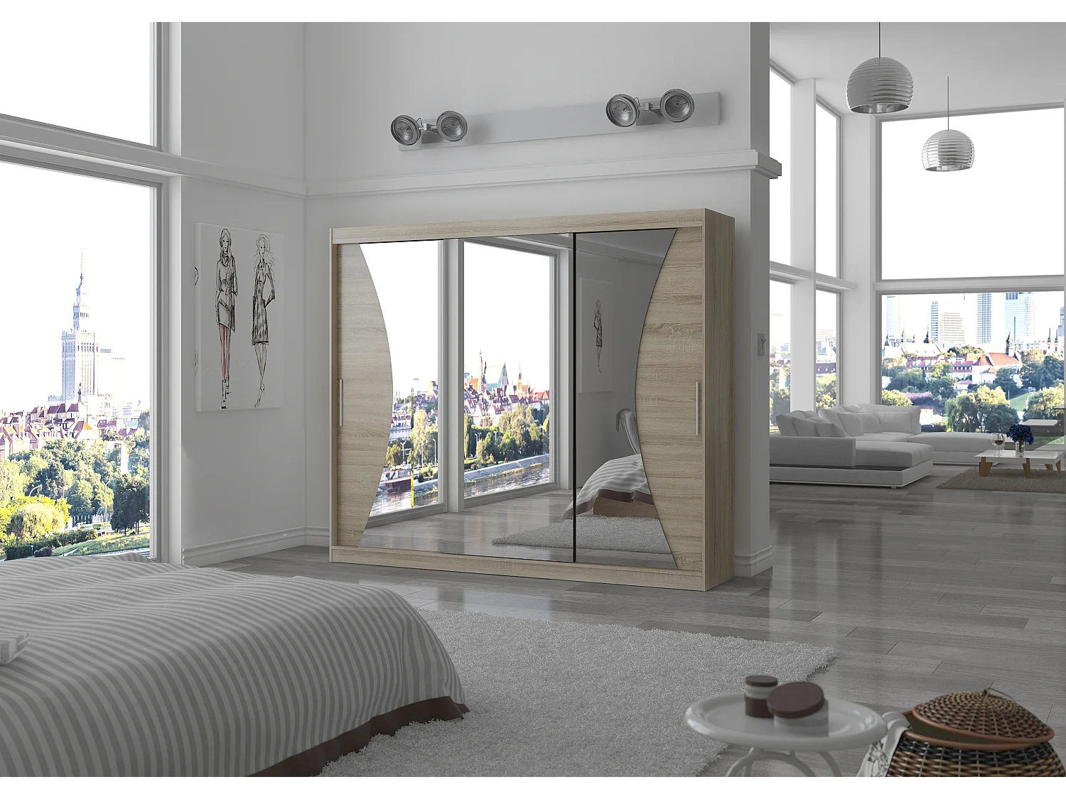 Grande armoire de chambre à coucher 3 portes coulissantes bois clair et miroir Douko 250cm