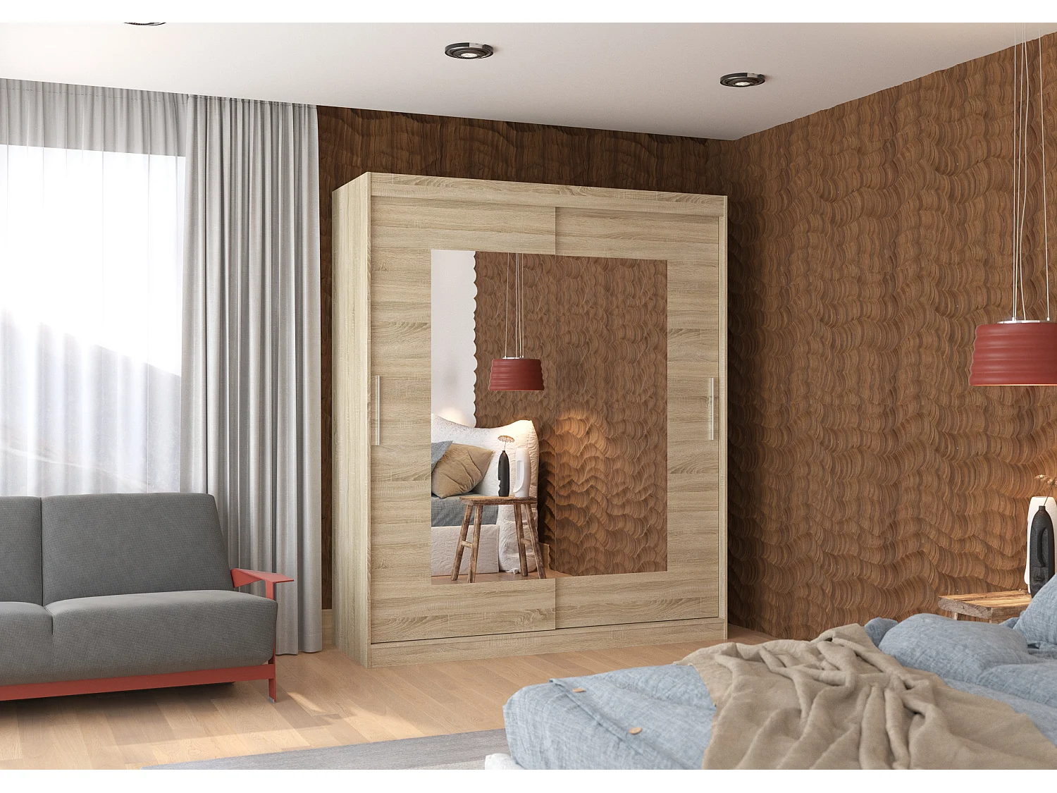 Armoire de chambre moderne bois clair 2 portes coulissantes avec miroir Rozika 180cm