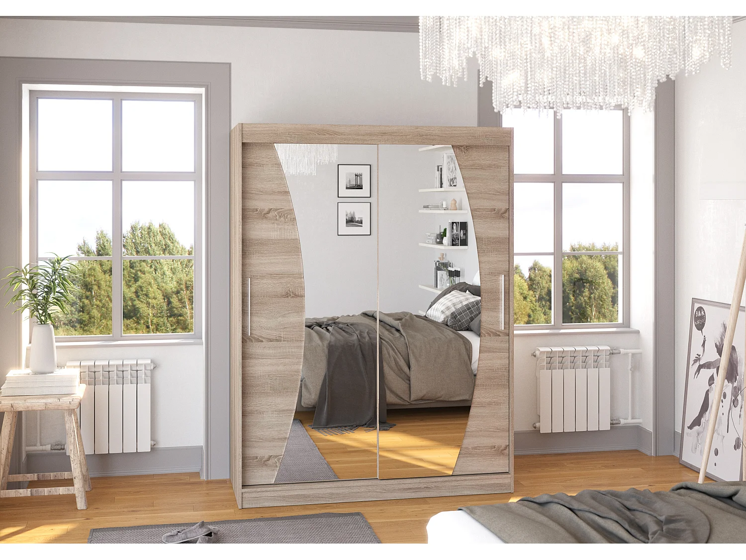 Armoire de chambre bois truffe 2 portes coulissantes avec miroir Modela 150cm