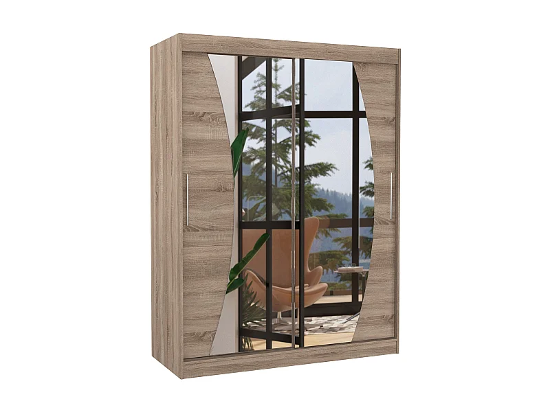 Armoire de chambre bois truffe 2 portes coulissantes avec miroir Modela 150cm