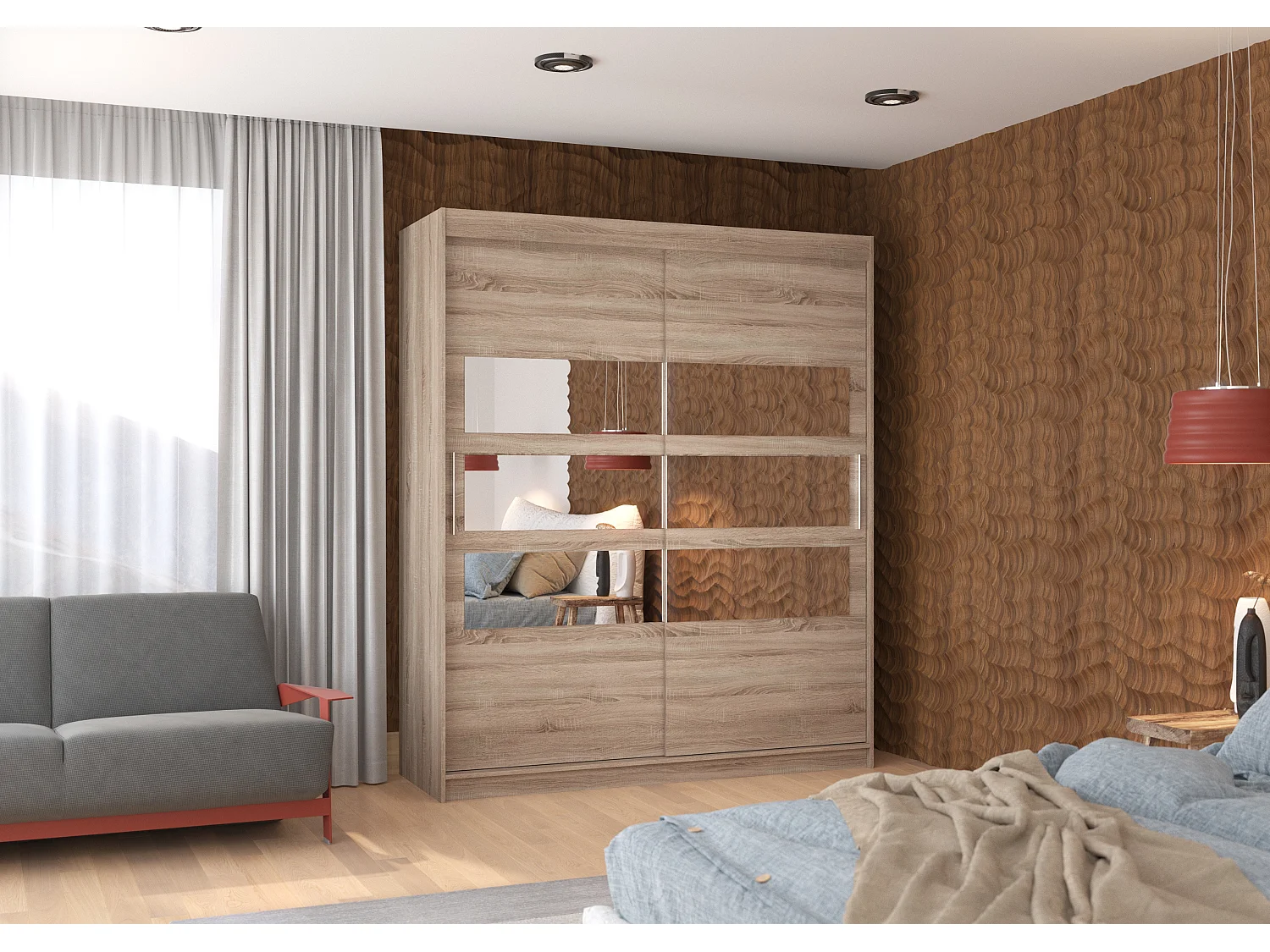 Armoire de chambre à coucher 2 portes coulissantes bois truffe et 6 miroirs horizontaux Dolena 180cm