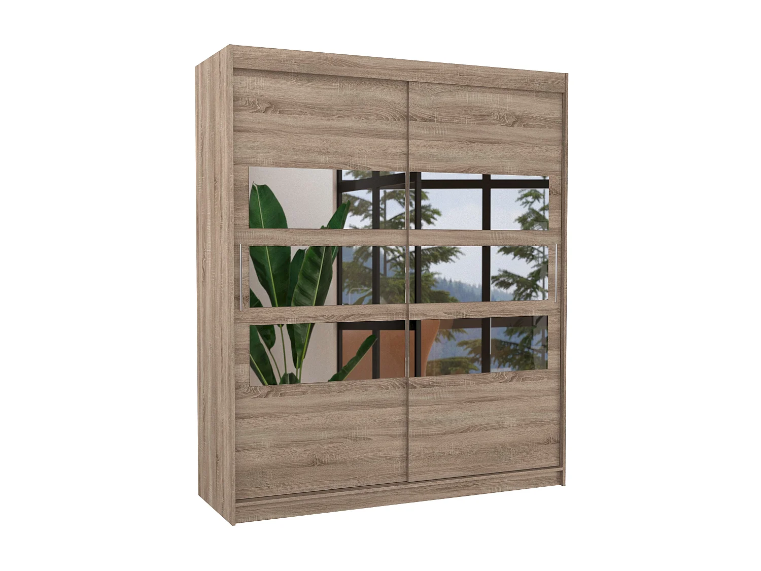 Armoire de chambre à coucher 2 portes coulissantes bois truffe et 6 miroirs horizontaux Dolena 180cm