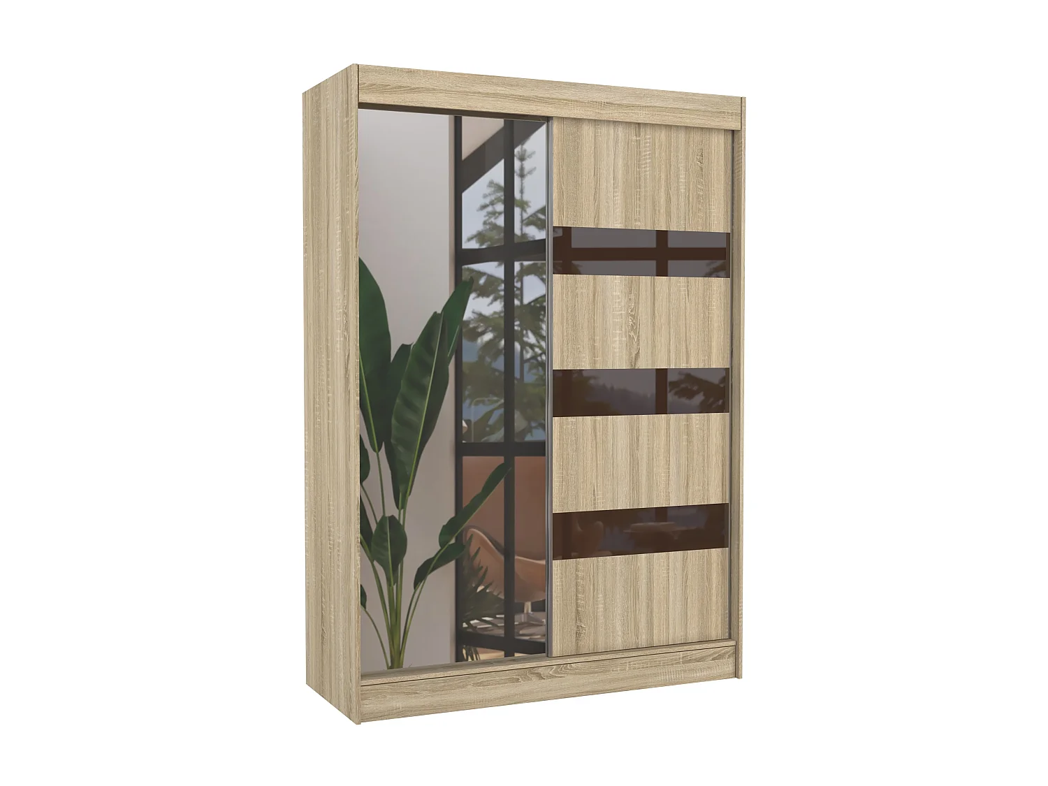 Armoire de chambre 1 porte bois clair et marron laqué 1 porte miroir Voka - 3 tailles-Largeur 150 cm