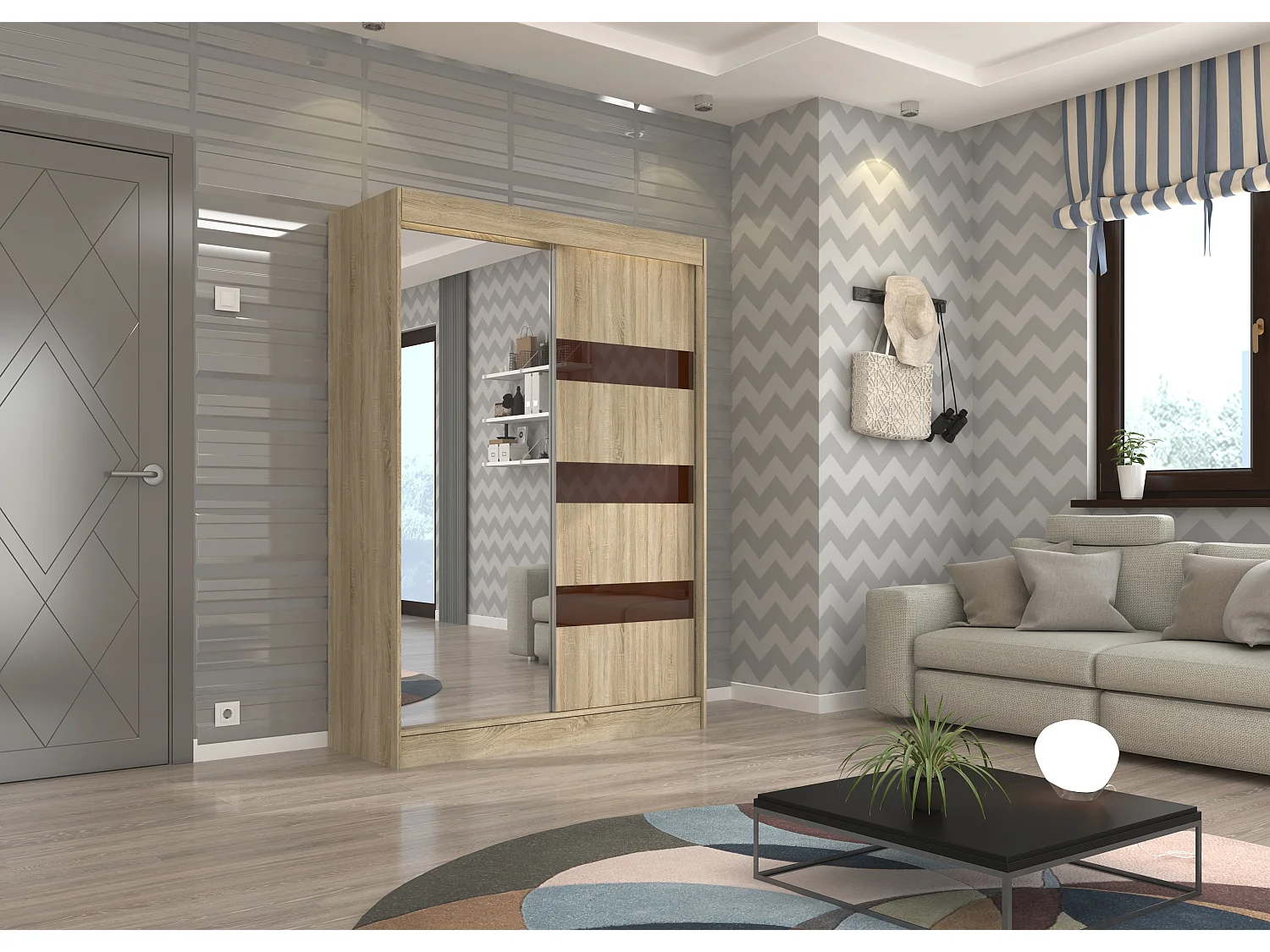 Armoire de chambre 1 porte bois clair et marron laqué 1 porte miroir Voka - 3 tailles-Largeur 150 cm