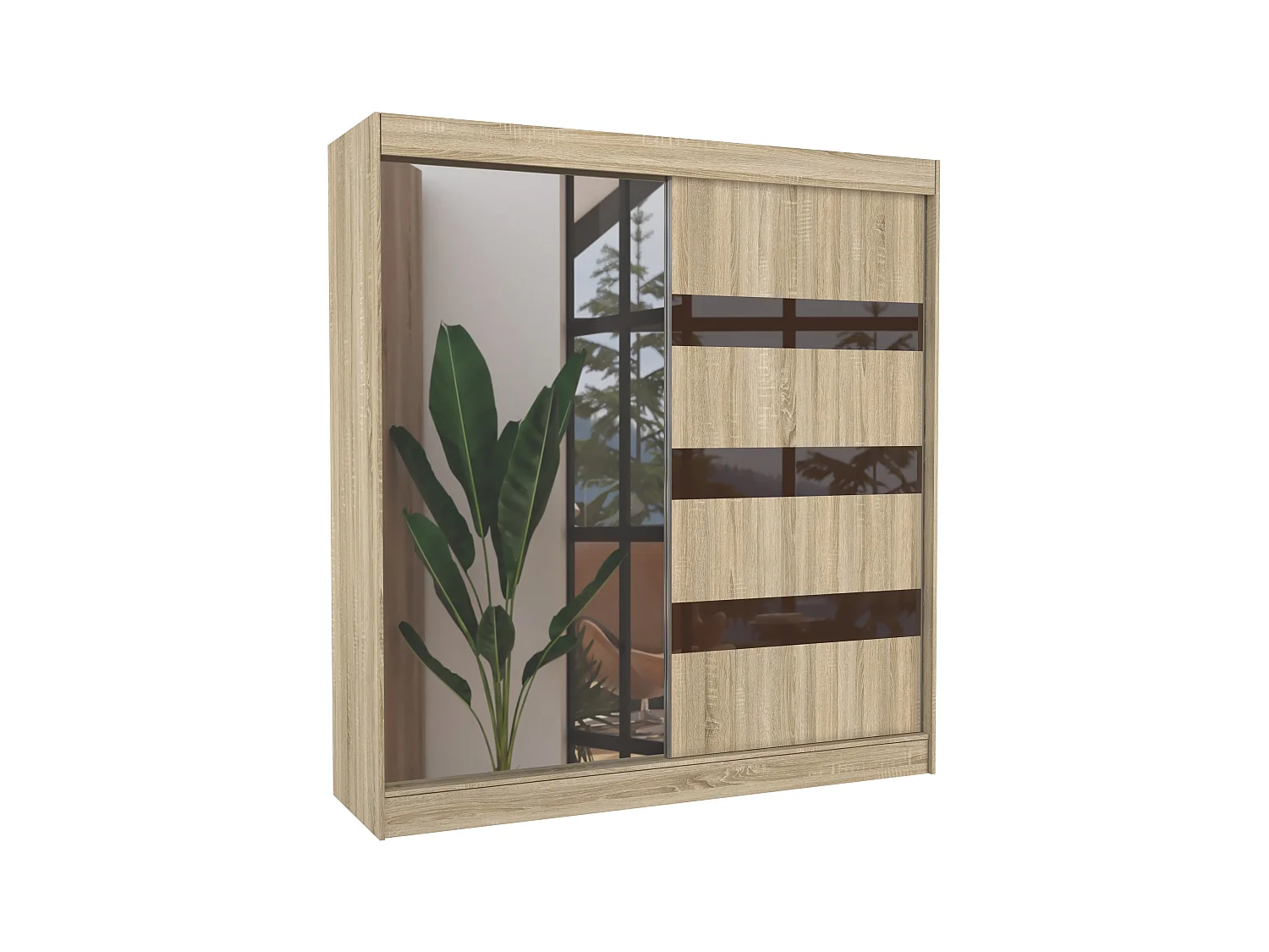Armoire de chambre 1 porte bois clair et marron laqué 1 porte miroir Voka - 3 tailles-Largeur 150 cm
