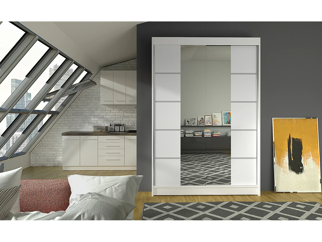 Petite armoire design de chambre à coucher 2 portes coulissantes blanche et miroir Kinzo 120cm