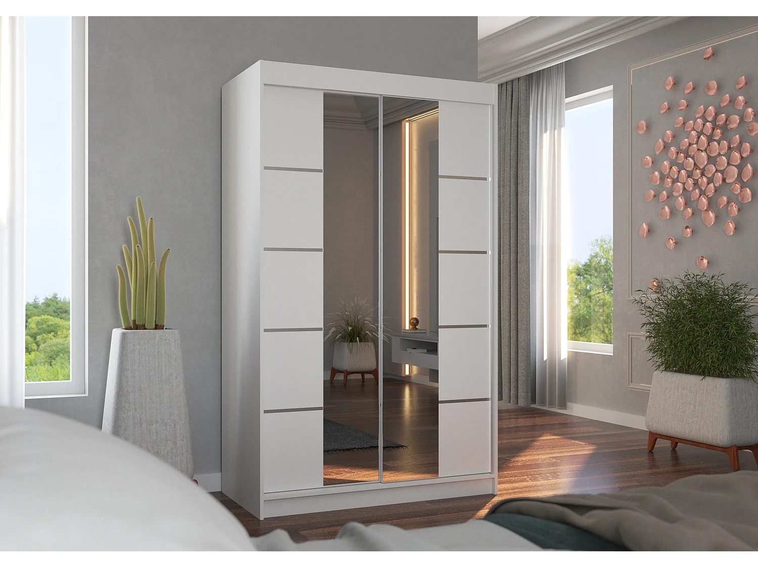 Petite armoire design de chambre à coucher 2 portes coulissantes blanche et miroir Kinzo 120cm