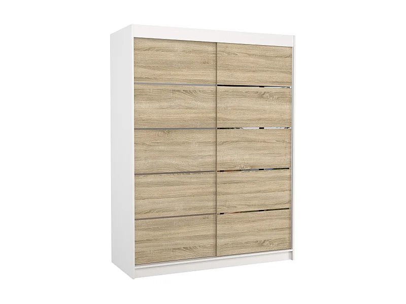 Armoire de chambre à coucher blanche 2 portes coulissantes bois clair et alu Kubik 150cm