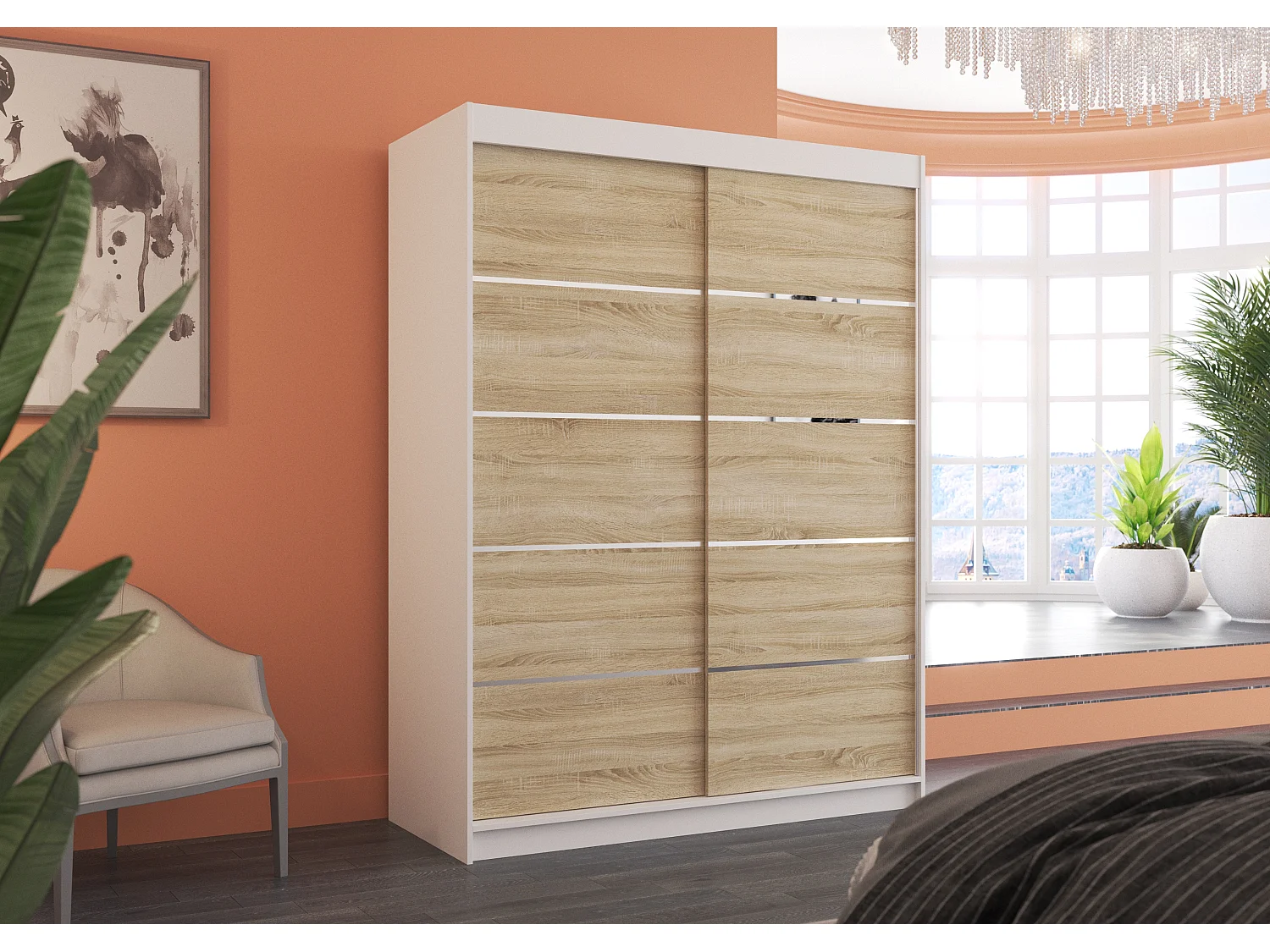 Armoire de chambre à coucher blanche 2 portes coulissantes bois clair et alu Kubik 150cm