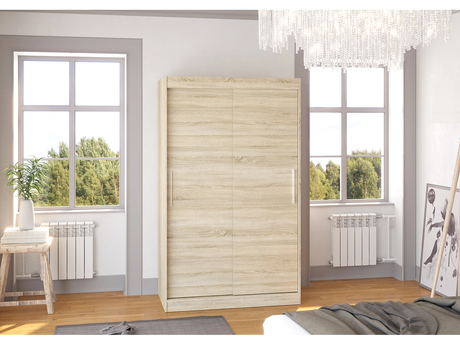 Petite armoire de chambre bois clair Sonoma avec 2 portes coulissantes Keria 120cm