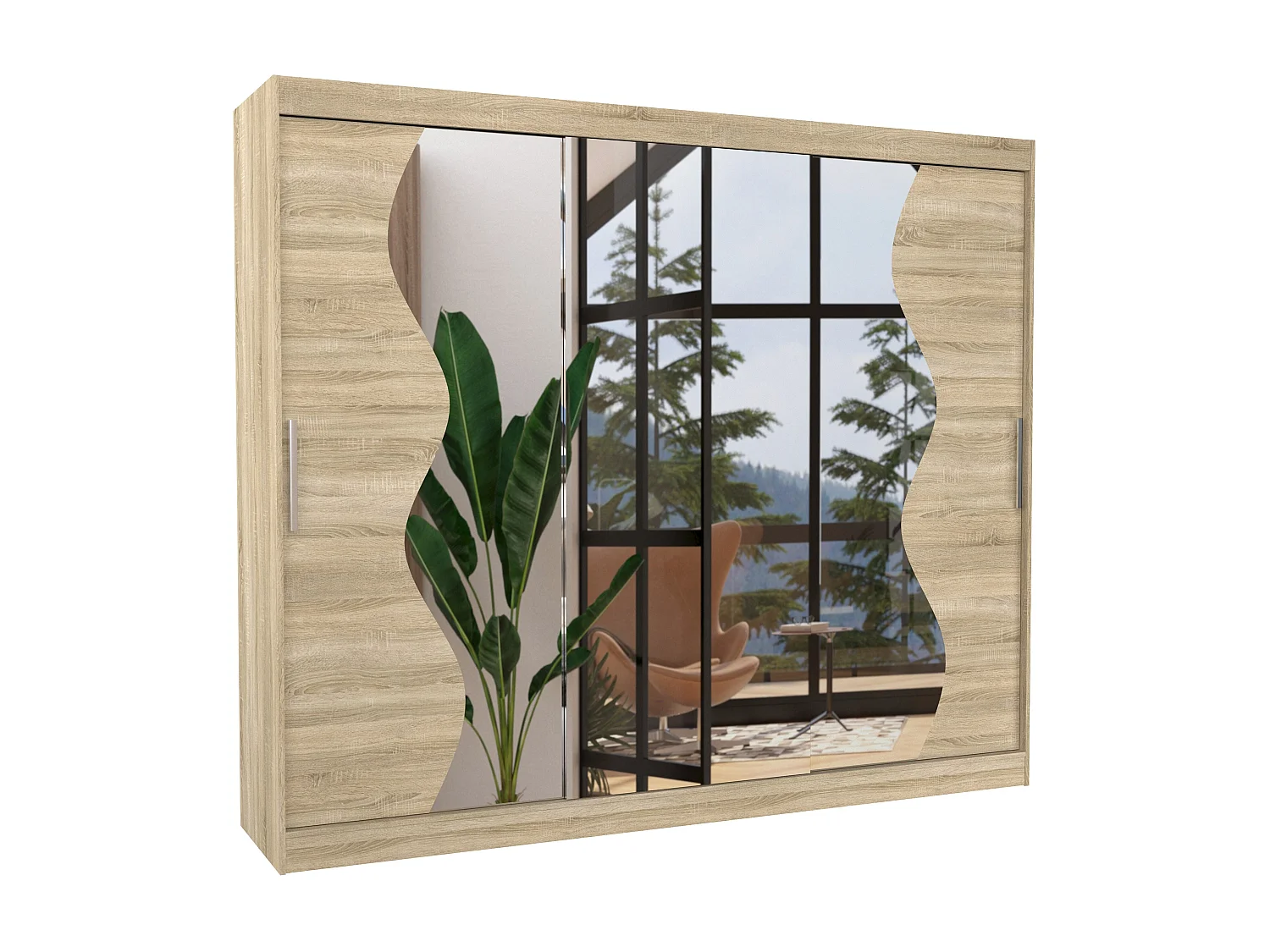 Grande armoire de chambre à coucher 3 portes coulissantes naturel et miroir biseauté Kola 250cm