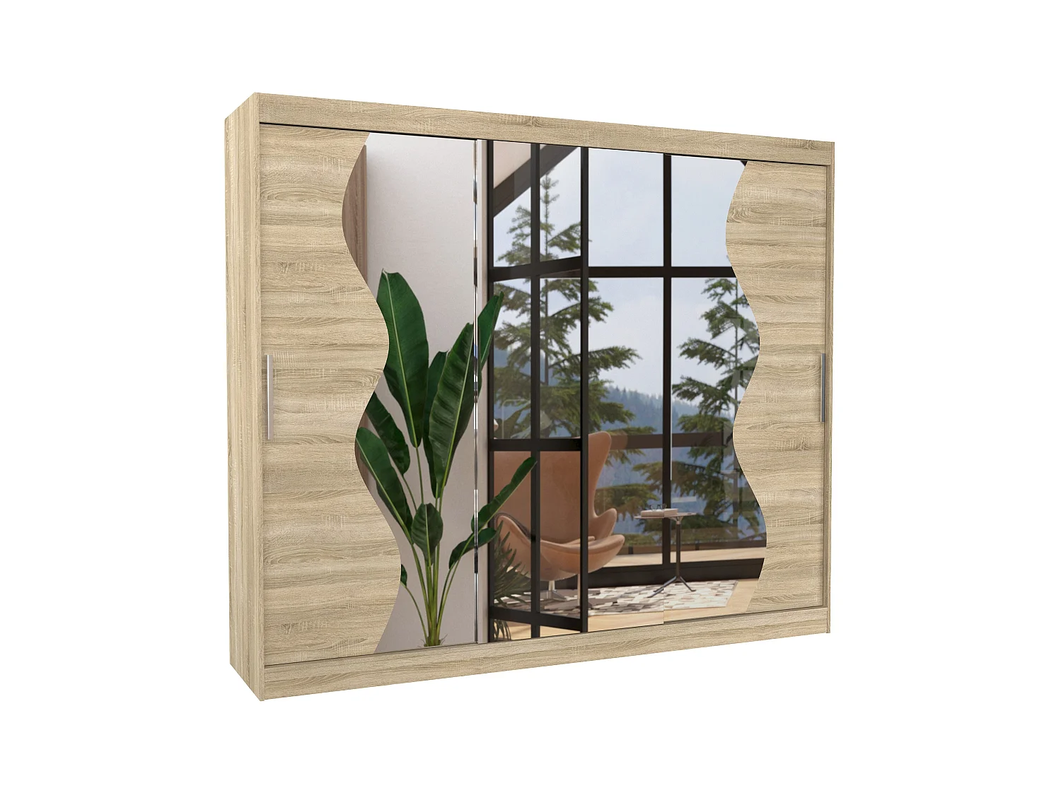 Grande armoire de chambre à coucher 3 portes coulissantes naturel et miroir biseauté Kola 250cm