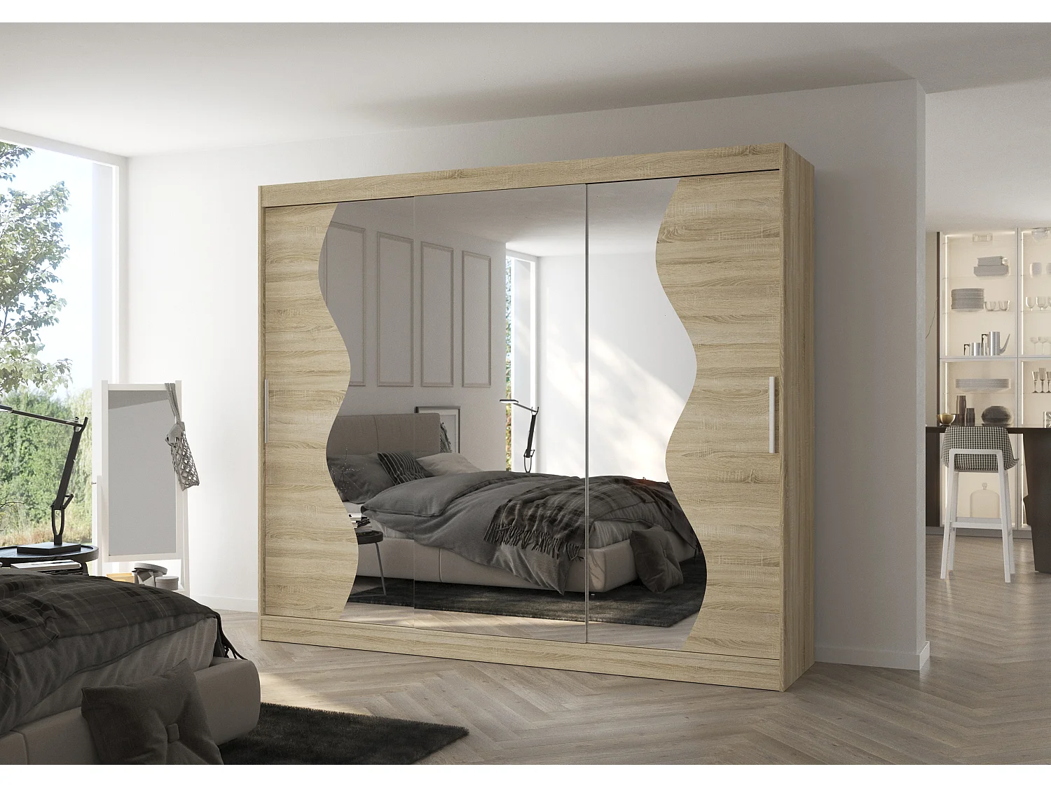 Grande armoire de chambre à coucher 3 portes coulissantes naturel et miroir biseauté Kola 250cm