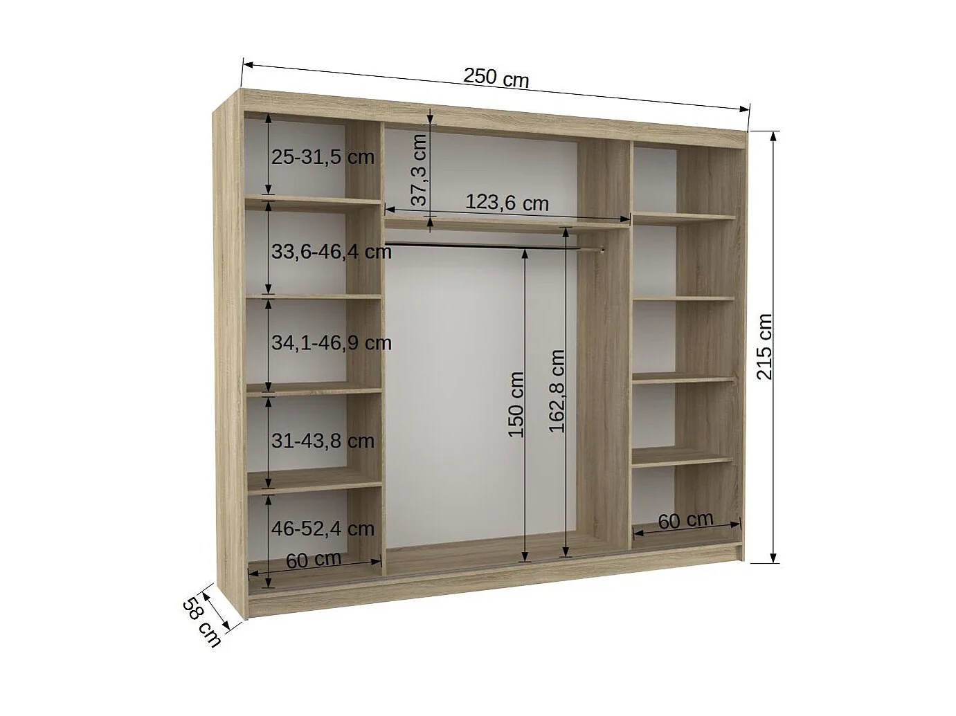 Grande armoire de chambre à coucher 3 portes coulissantes naturel et miroir biseauté Kola 250cm